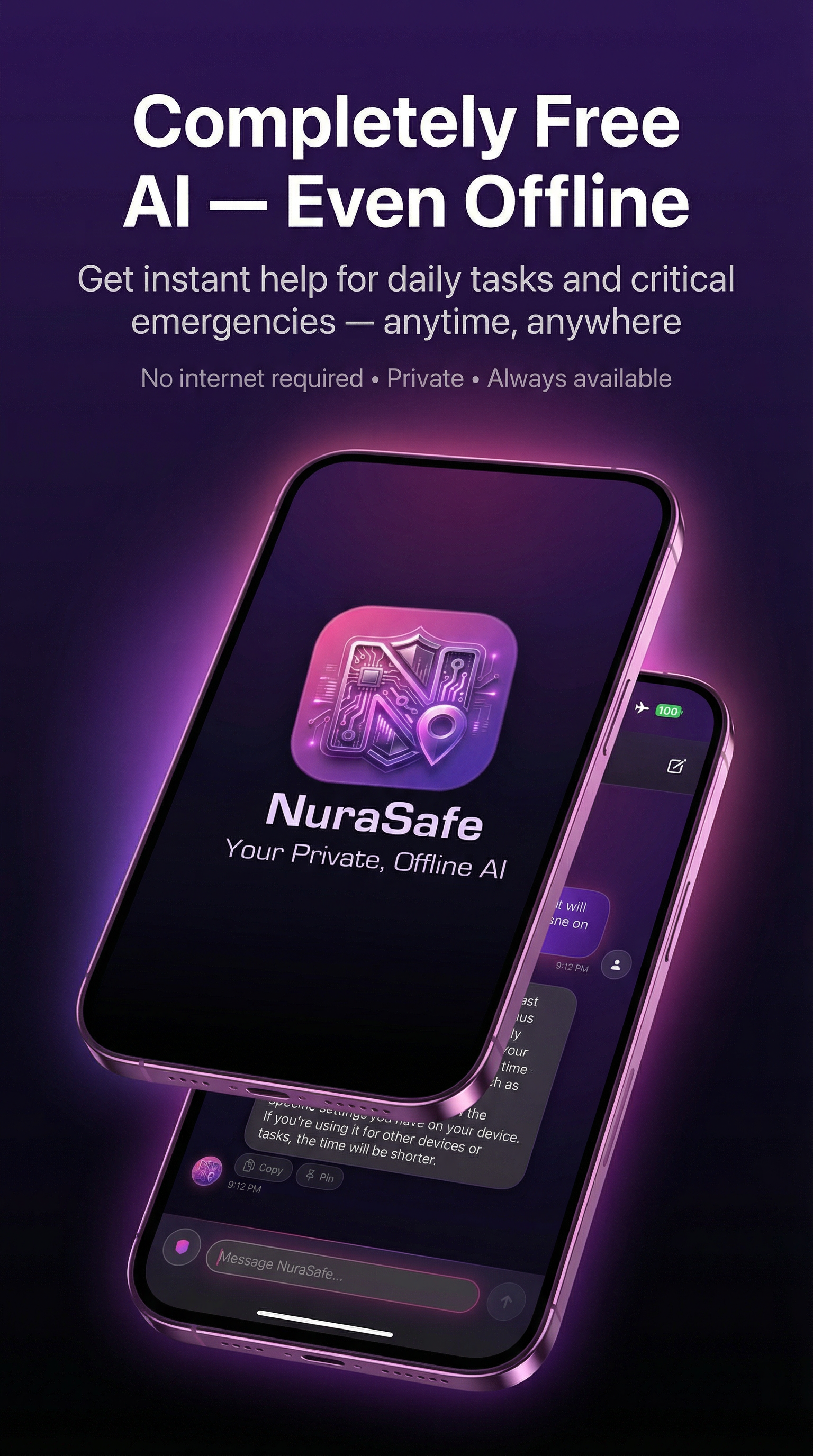 NuraSafe app — offline AI chat and emergency mode active